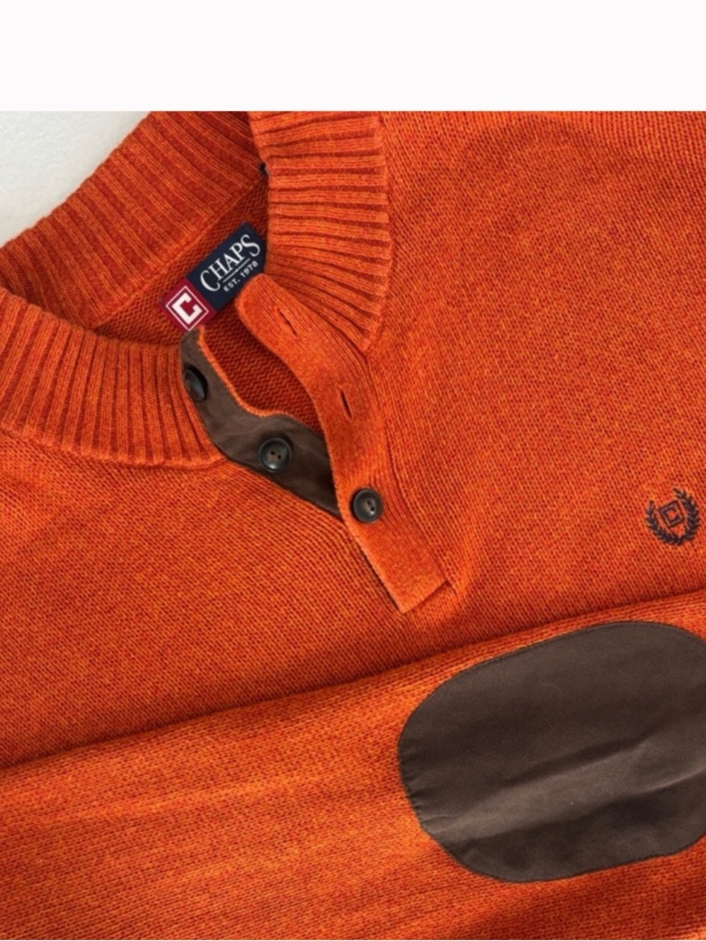 Chaps 1/4 Button Up Sweater Mens XXL Orange Brown Elbow Patches Academia Preppy